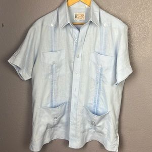 Ramon Puig, 100% Linen, Light blue button down Guayabera, Size M Short